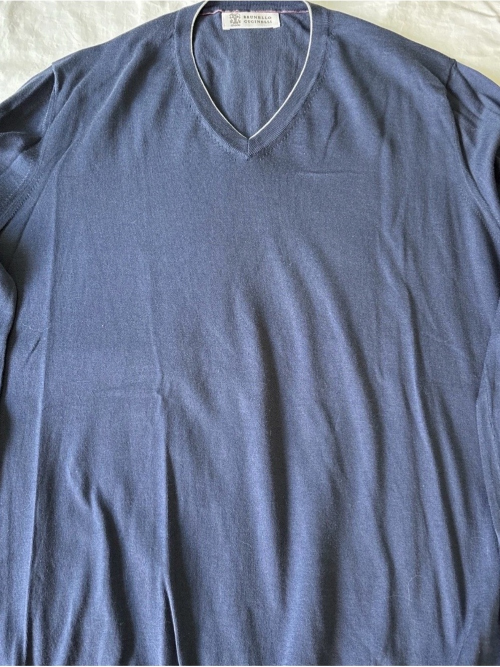 Brunello Cucinelli 💯 Cotton V Neck Navy Sweater with Contrast Trim Sz 54/XL - Picture 3 of 11